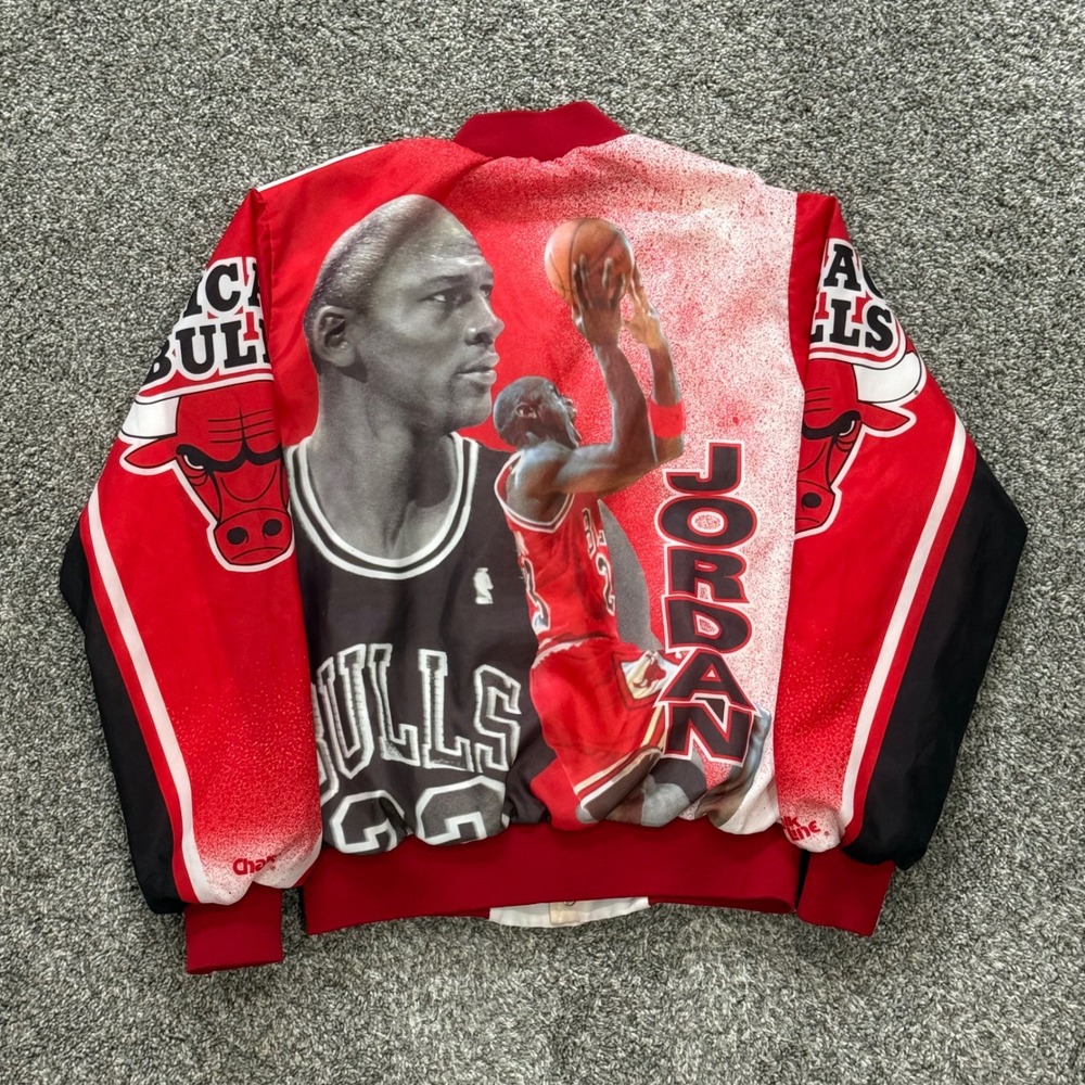 Vintage 90s Michael Jordan Chicago Bulls Satin Bomber Jacket Chalk Line Mens L